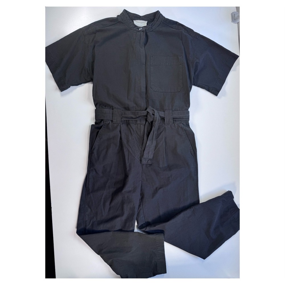 EVERLANE Fatigue Short Sleeve Jumpsuit Womens 8 Faded Black Organic Cotton/Linen